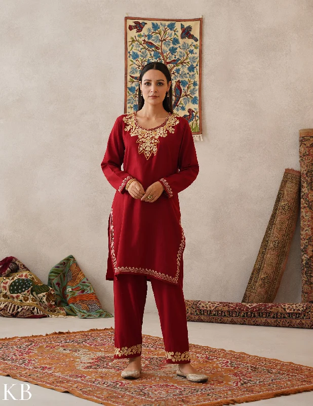 Hooded design meHER Maroon Red Kashmiri Aari Outlined Zari Woollen Co-ord Set