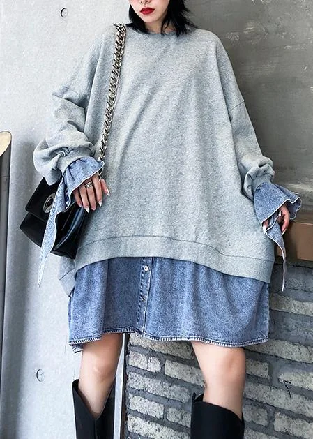 Unique prints Vivid gray Cotton dress patchwork false two pieces Art Dress