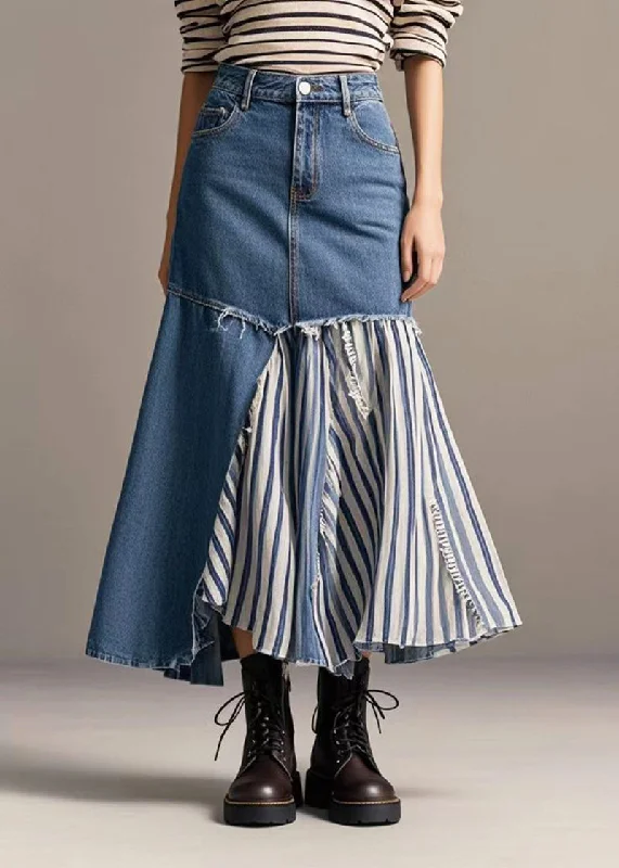 Trendy and versatile French Navy Asymmetrical Patchwork Striped Denim Skirt Spring