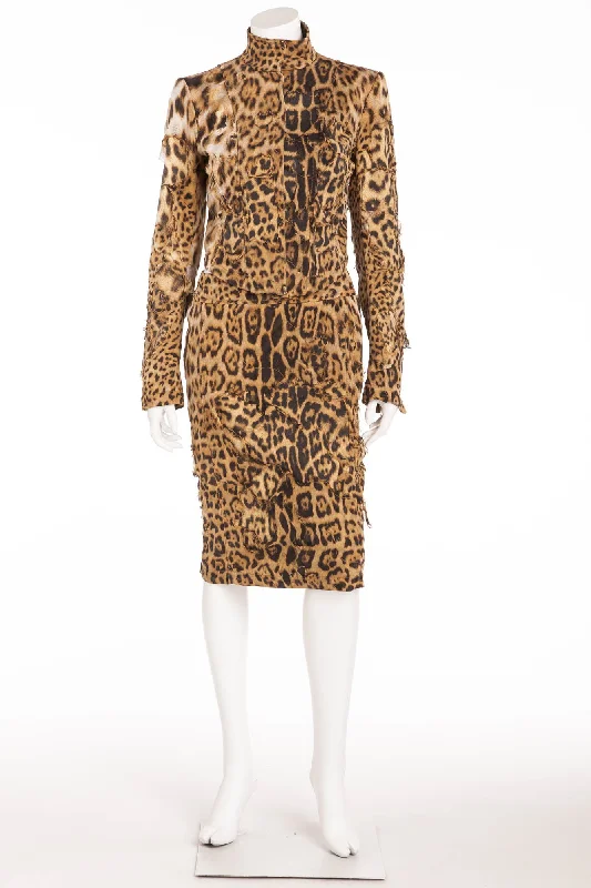 Nightclub Style Roberto Cavalli - As Seen on 2001 Runway Collection - 2PC Ripped Leopard Jacket + Pencil Skirt - S