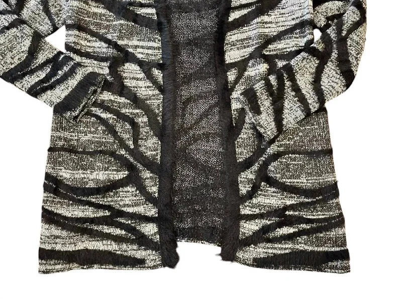 Sports Cool Women's Animal Print Faux Fur Knit Open Front Cardigan In Black