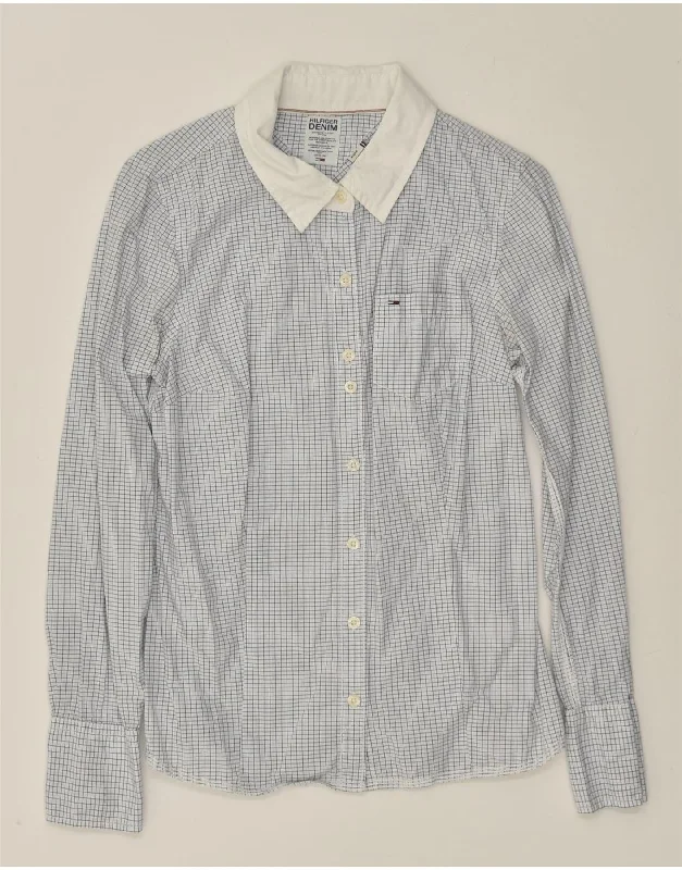 Sweet Stand-Up Collar Style TOMMY HILFIGER Womens Shirt UK 12 Medium Blue Check Cotton