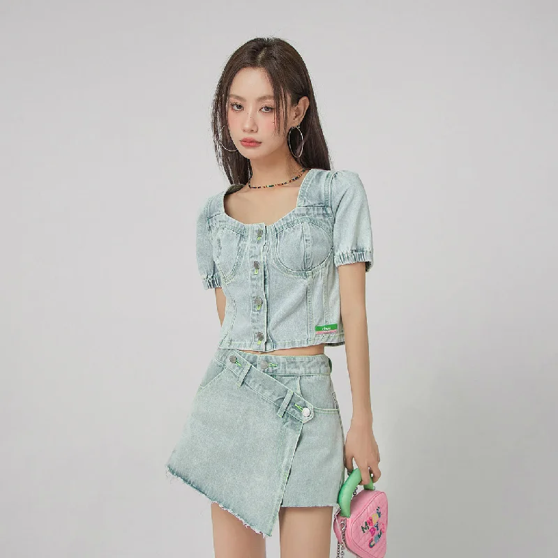 Stand-up collar design Puff Sleeve Denim Jacket