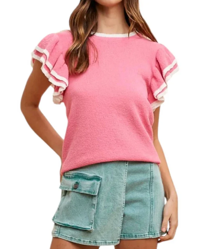 Fashionable and versatile Ruffle Sleeve Sweater Top In Hot Pink