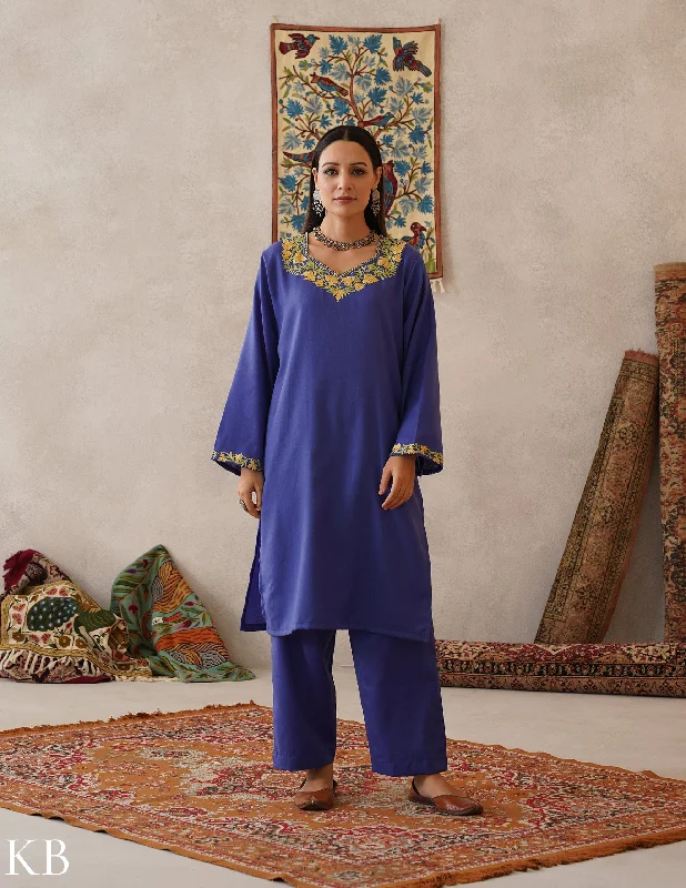 Comfortable and simple meHER Iris Blue Kashmiri Aari Woollen Co-ord Set