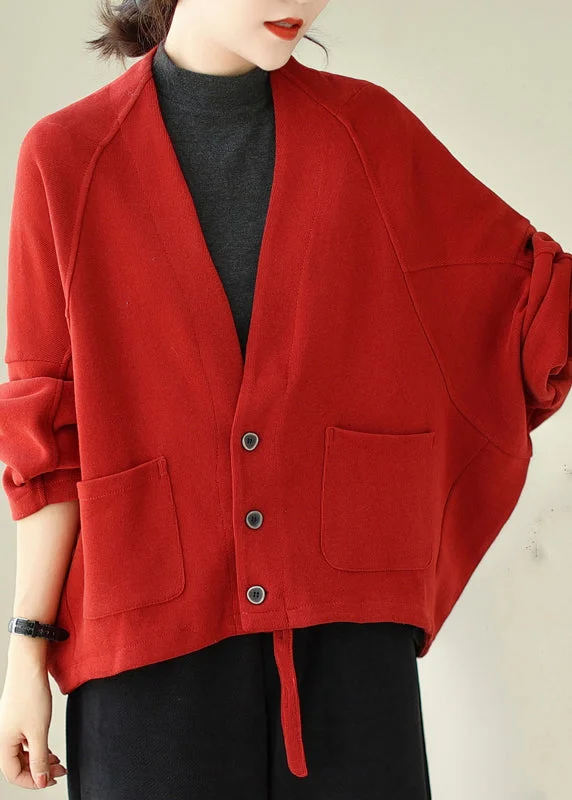 Casual And Casual Loose Red V Neck Pockets Warm Fleece Jackets Batwing Sleeve