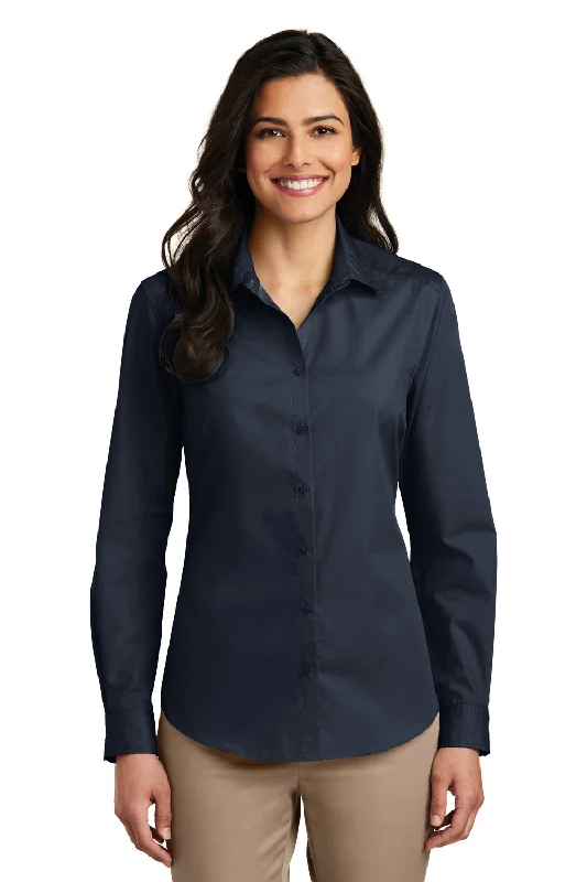 Sweet Stand-Up Collar Style Port Authority Womens Carefree Stain Resistant Long Sleeve Button Down Shirt - River Navy Blue