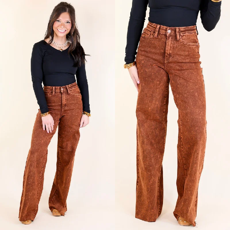 Advanced Customization Judy Blue | Harvest Hues High Waisted Garment Dyed Wide Leg Jean with Raw Hem in Pumpkin Spice Brown