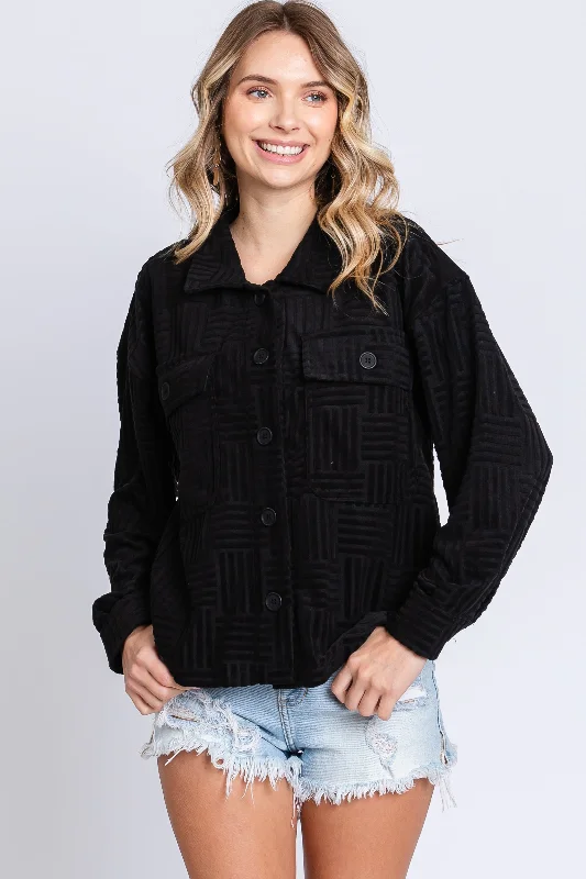 Comfortable down Black Velvet Textured Shirt Jacket