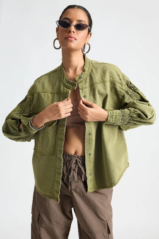 Street Letter Style Olive Green Shacket With Pleats