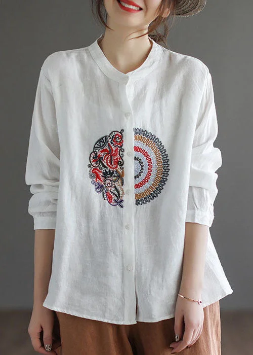 Sweet Age-Reducing Style White Loose Linen Shirt Top low high design Long Sleeve