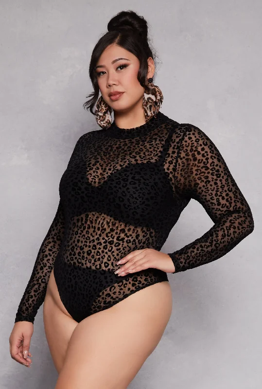 Customized Version Plus Size Mesh Velvet Burnout Leopard Print Bodysuit