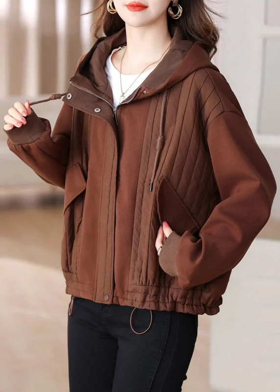 Sports Functional Style Coffee Patchwork Plus Size Cotton Hoodie Coat Drawstring Winter