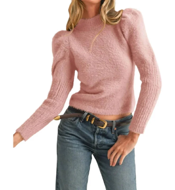 Elegant and noble Mock Neck Puff Shoulder Mohair Sweater In Pink