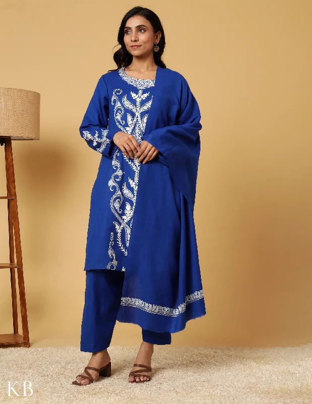 Sweet Korean Style Egyptian Blue Aari Embroidered Woolen Suit