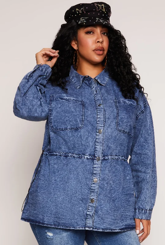 Noble Temperament Plus Size Toggle Drawstring Waist Acid Wash Shirt