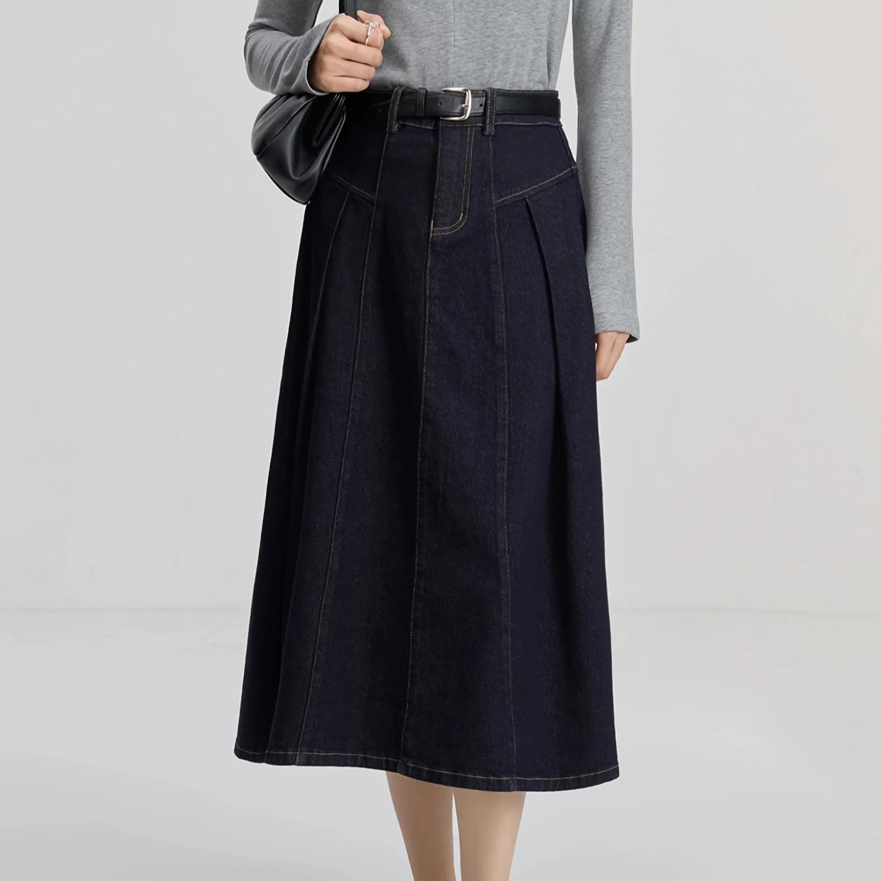 Street Style Elegant High Waist Dark Denim A-Line Midi Skirt for Women