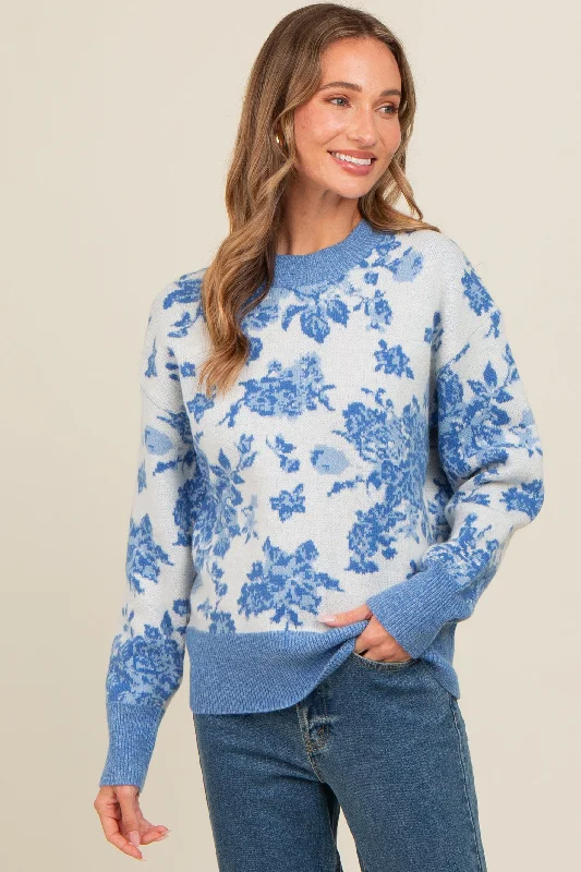 Classic Retro Blue Floral Crew Neck Sweater