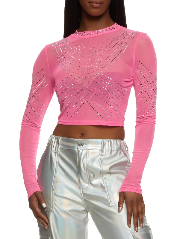 Sweet College Style Sheer Mesh Rhinestone Crop Top