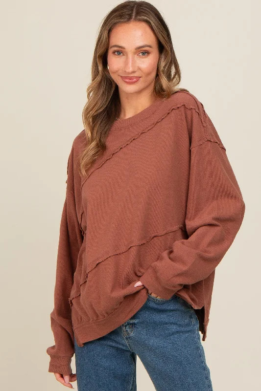 Minimal Style Brown Exposed Seam Dolman Sleeve Sweatshirt