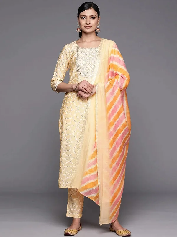 Creative Style Yellow Yoke Design Silk Blend Straight Kurta With Trousers & Dupatta