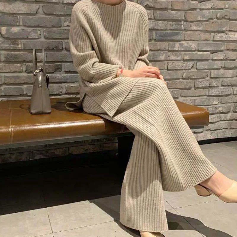 Street Sports Style Fall Knitting Pullover Sweaters & Wide Legs Pants Suits