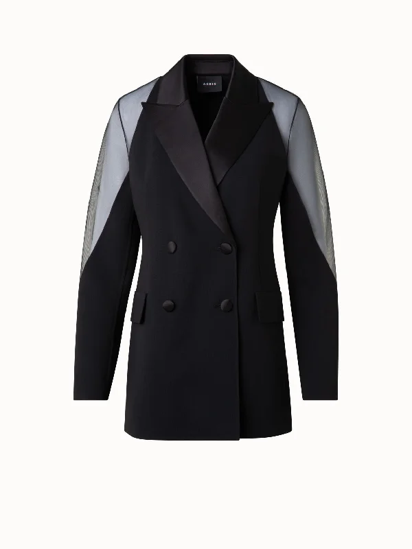 Style Design Tuxedo Jacket with Satin Lapel and Sheer Shoulders