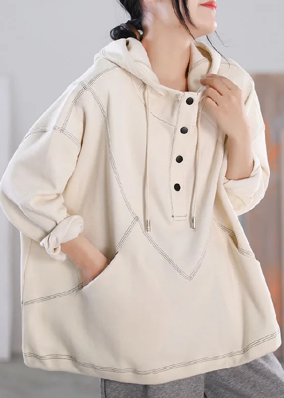 Trendy and versatile Plus Size Beige Drawstring Hooded Cotton Pullover Streetwear Long Sleeve