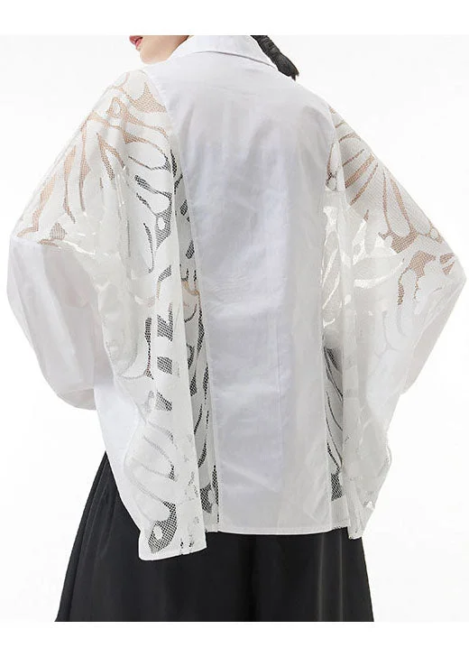 Nightclub Style White Hollow Out Blouse Tops Button Batwing Sleeve