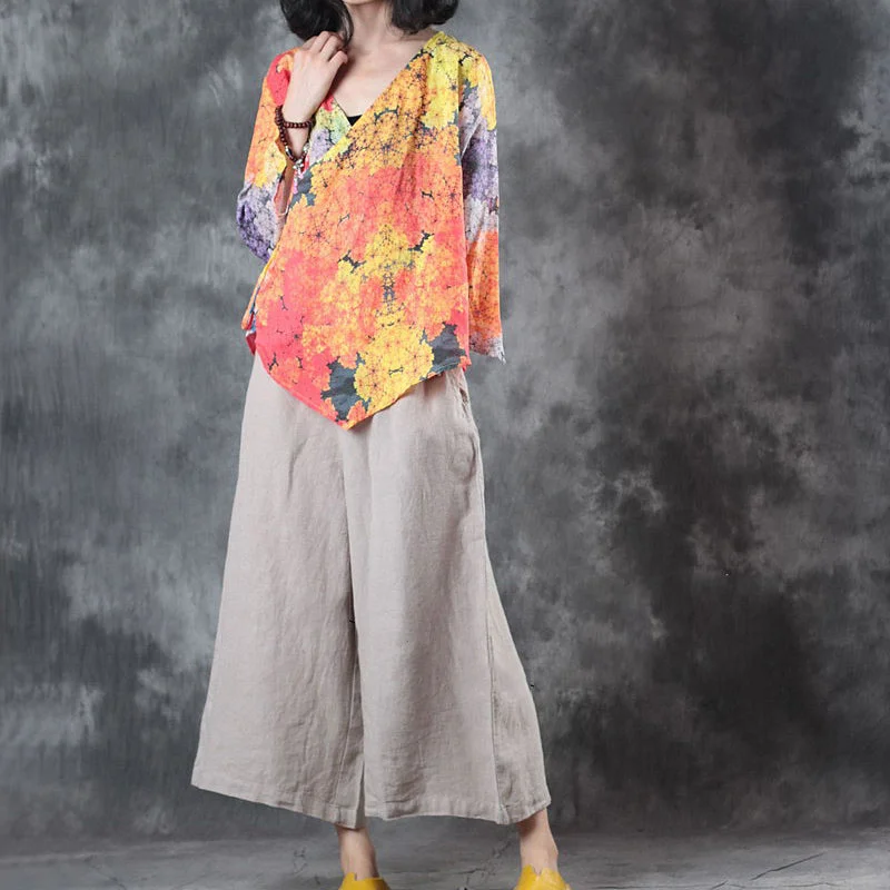 Extra long version vintage yellow print linen tops oversize linen cotton t shirt Elegant half sleeve v neck tie waist linen cotton tops