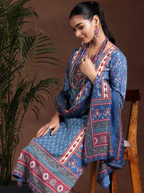 Street Sports Style Blue Printed Poly Crepe Straight Suit With Dupatta