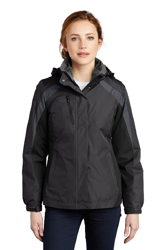 Leisure Travel Port Authority Womens 3-in-1 Wind & Water Resistant Full Zip Hooded Jacket - Black/Magnet Grey