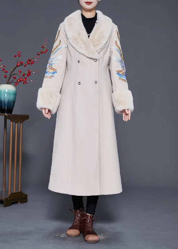 Retro Stripes Plus Size Beige Fur Collar Embroideried Double Breast Woolen Trench Winter