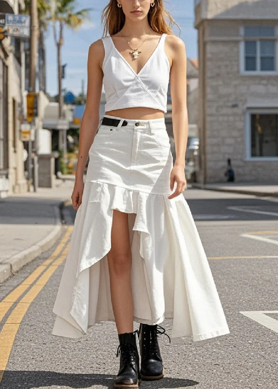 Cool Summer Elegant White Ruffled Low High Design Denim Skirts Spring