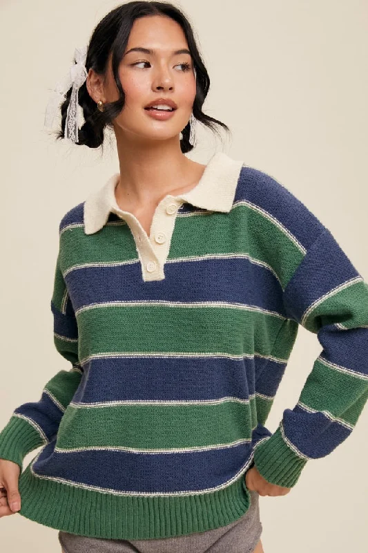 Elegant And Elegant Green Striped Polo Knit Sweater