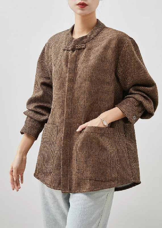 Printing decoration Casual Brown Chinese Button Pockets Cotton Coats Spring