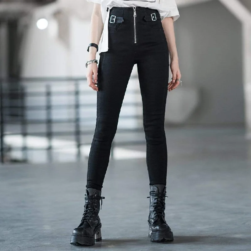 Casual And Versatile Women's Grunge Front Zip Black Skinny Jeans