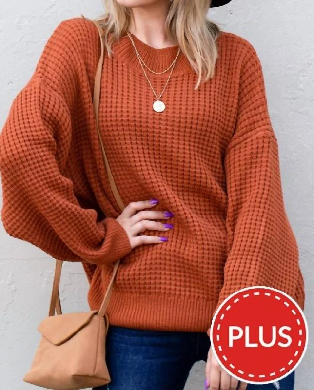 Nightclub Style Cozy And Soft Waffle Basic Pullover Sweater In Rust