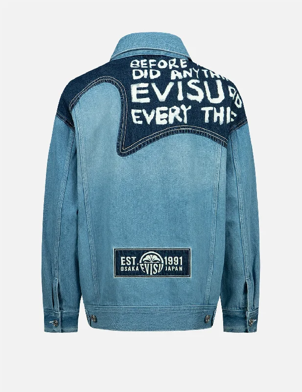 Street Fashion Style Seagull Embroidery and Slogan-print Blocking Denim Jacket