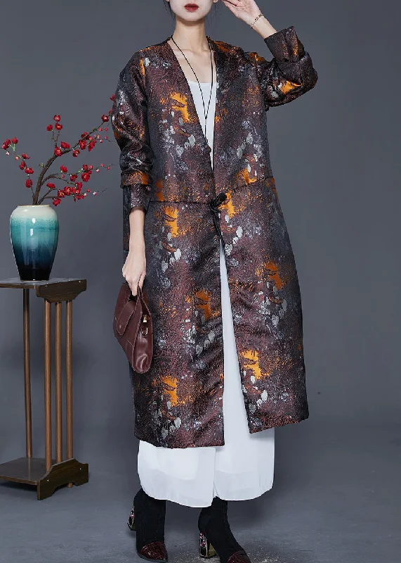 Fashion Style Plus Size Brown Oversized Print Cotton Filled Silk Coat Outwear Spring