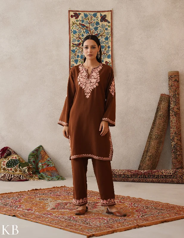 Cool Breeze At Night meHER Chocolate Brown Kashmiri Aari Woollen Co-ord Set