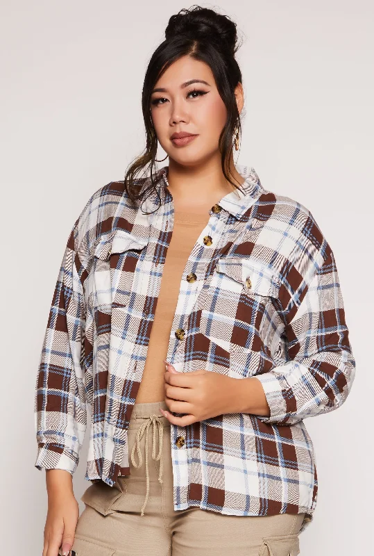 Low-key Luxury Plus Size Plaid Button Front Long Sleeve Shirt