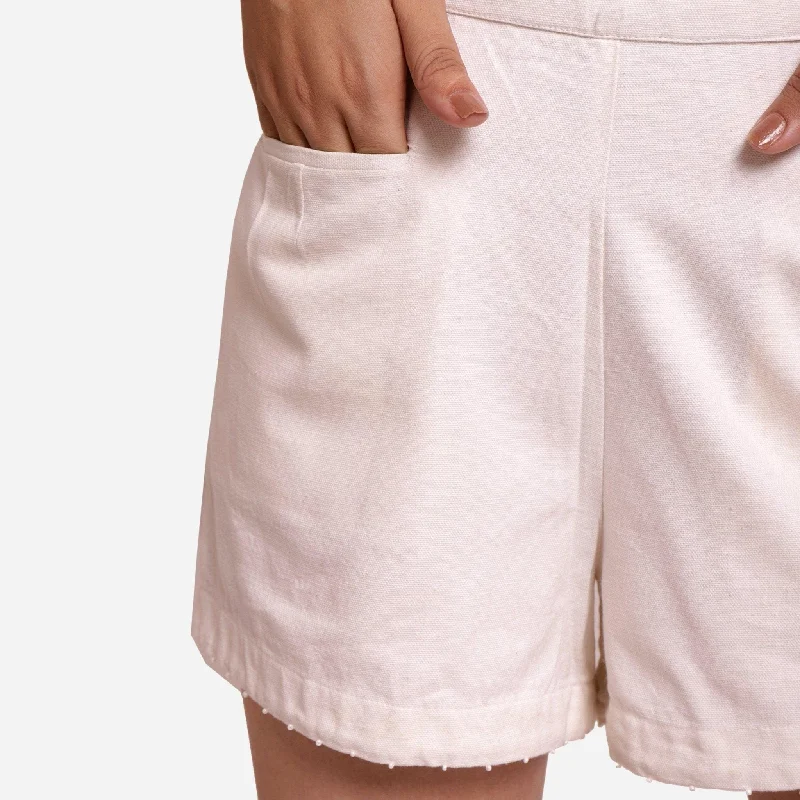 High-waisted pants style White Hand Beaded 100% Cotton Short Shorts