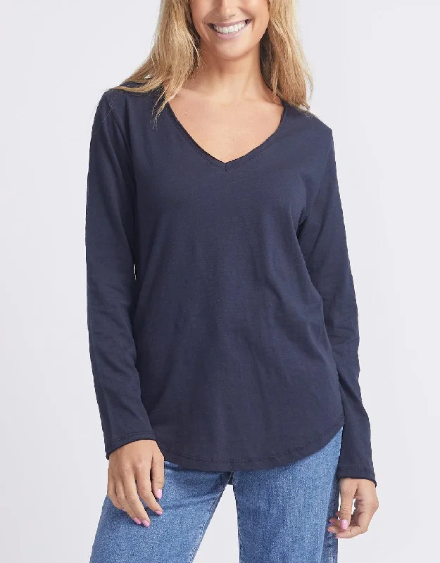 Sports Yoga Style Original V-Neck Long Sleeve T-Shirt - Navy