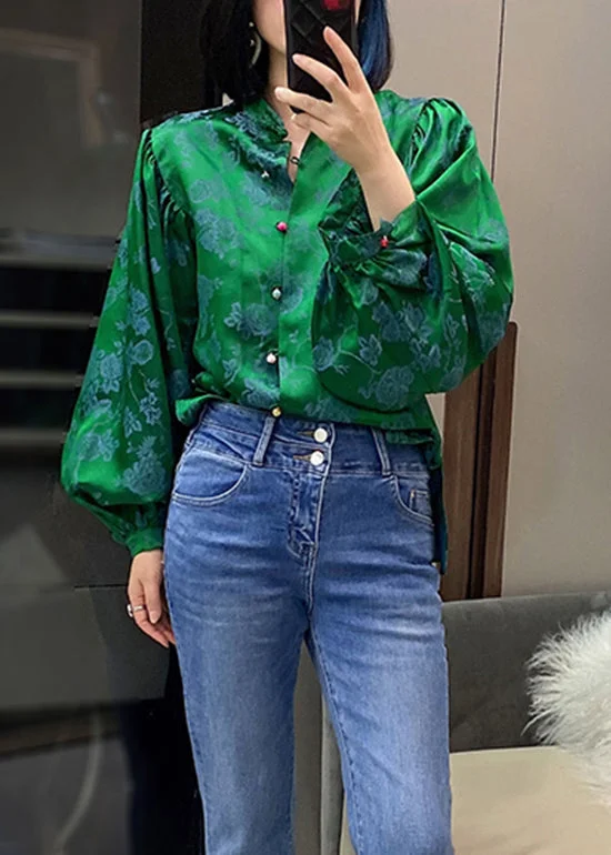 Sweet Flower Style Vintage Green Stand Collar Button Jacquard Silk Shirt lantern sleeve