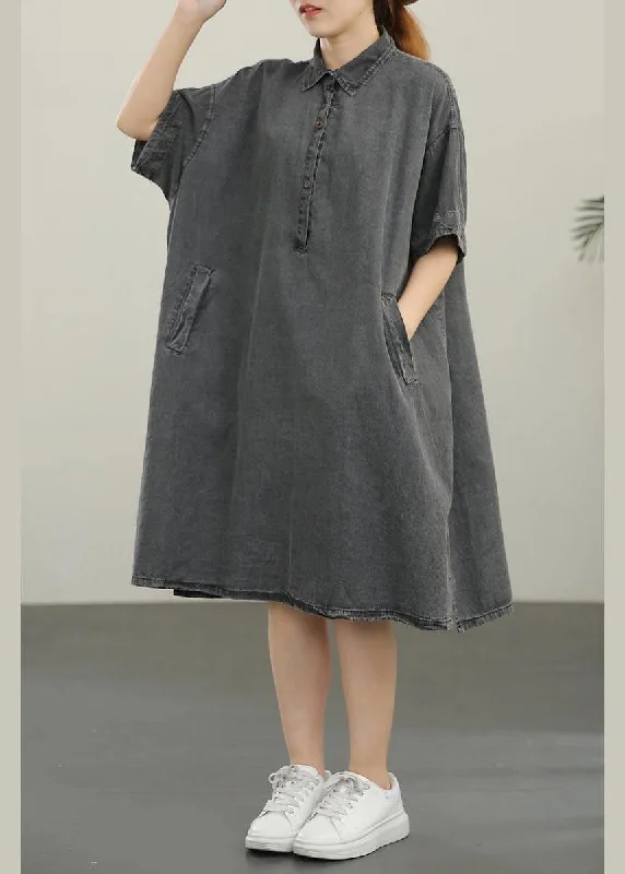 Street Personality Style Polo Collar Thin Denim Dress For Women In Summer