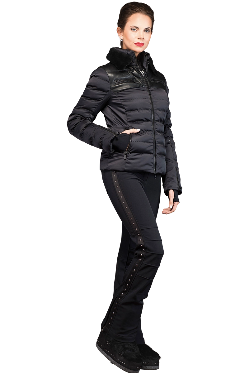 Street Show-off Style Rhea Ski Jacket with Leather Panels and Lamb Collar