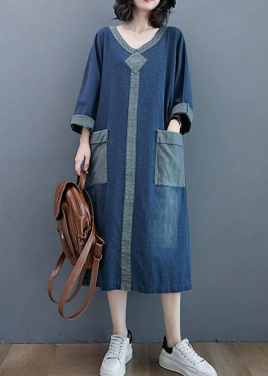 Round neck design French O Neck Patchwork Spring Dresses Outfits Denim Blue Robe Dresses