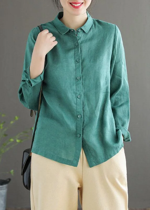 Advanced Customization Vintage Green Peter Pan Collar Patchwork Summer Linen Blouses Long Sleeve