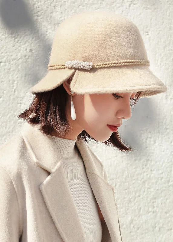 Street Sports Style Retro Beige Nail Bead Side Open Woolen Bucket Hat